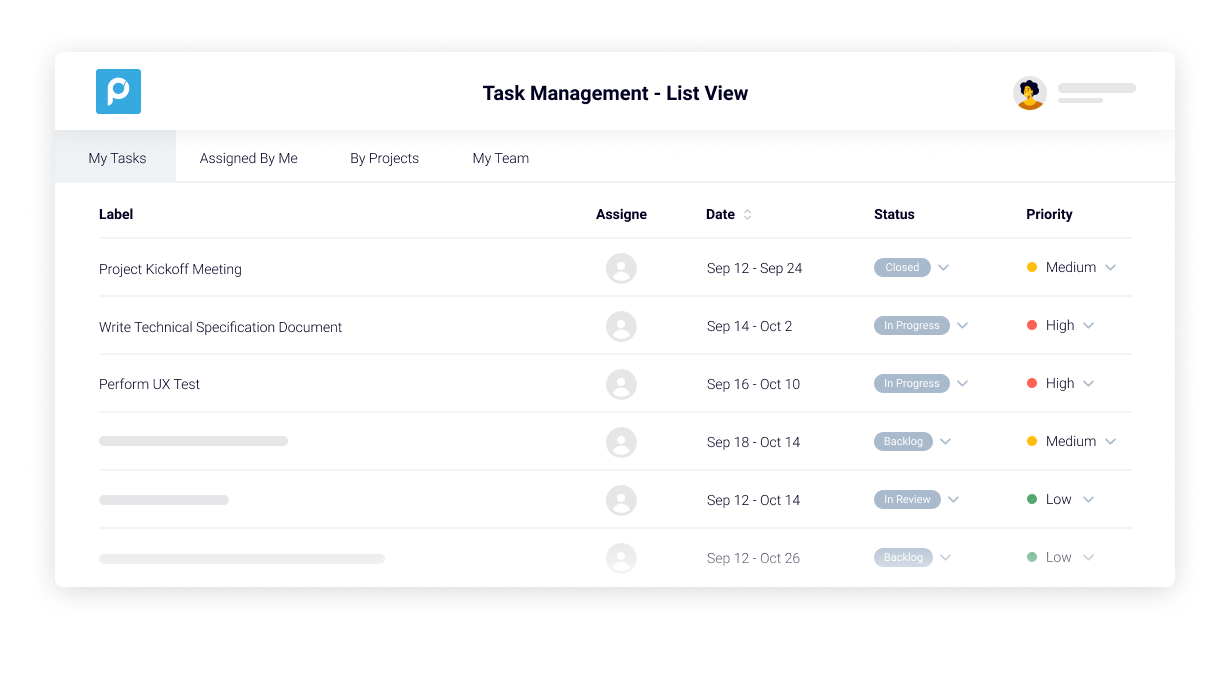 Proggio Software - Task Management view in a list. Filter and save favorite views for yourself or teammates.
