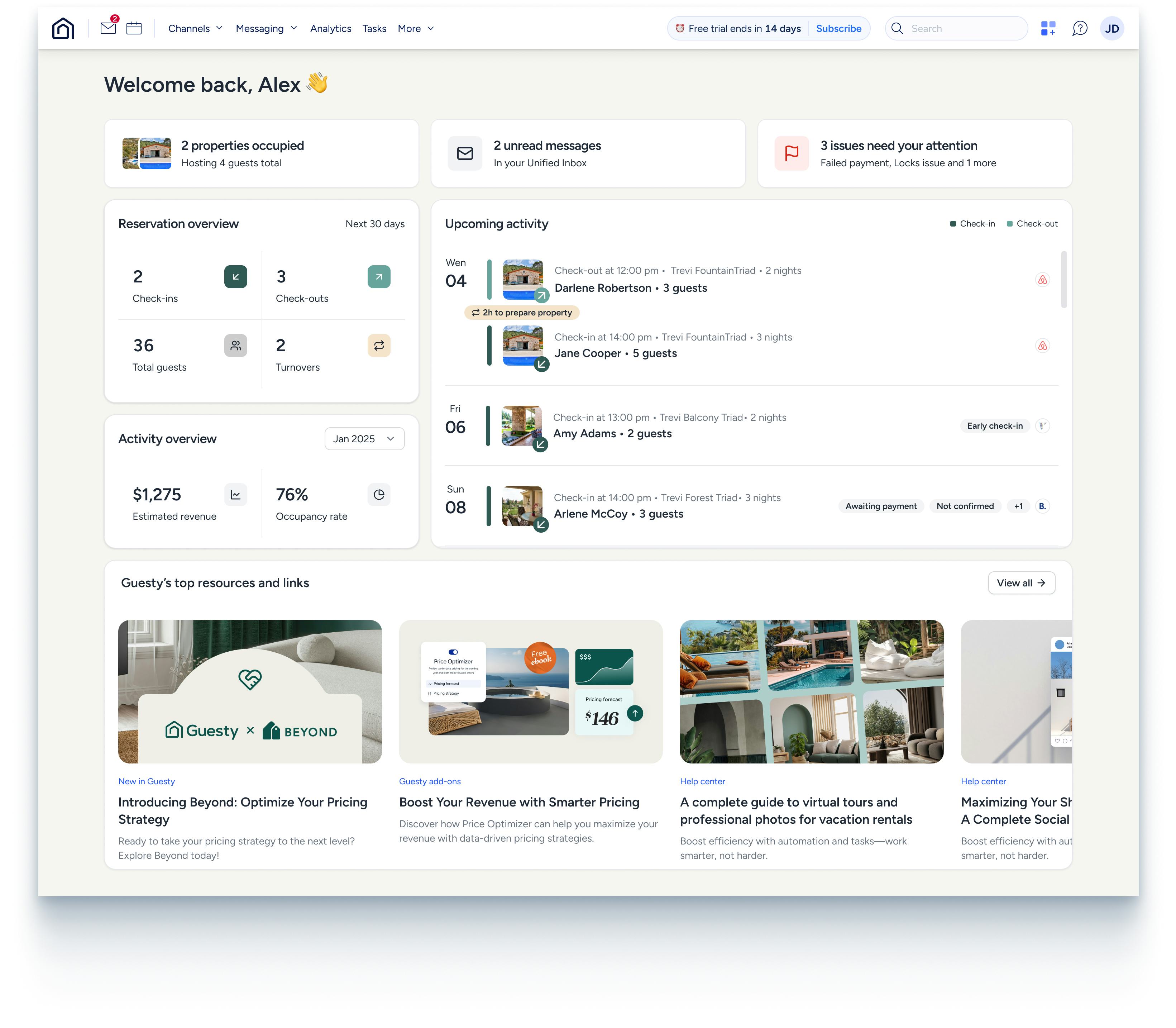 Guesty Lite Software - Start every day with a clear view of your business — today’s tasks, upcoming check-ins, and quick access to tools that help you stay ahead.