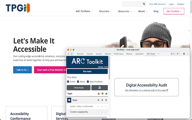 ARC Toolkit panel open on a website and ready to run a scan
