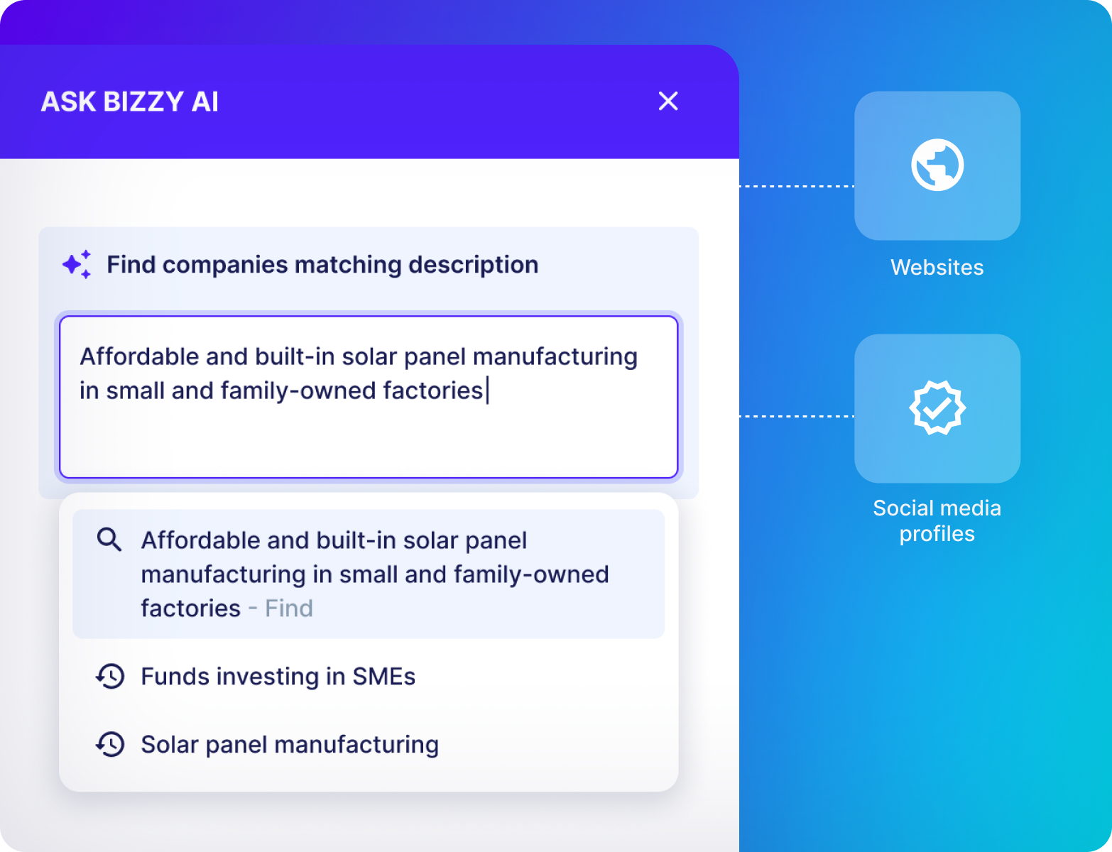 AI-driven prospecting: Find prospects in very specific niches. Bizzy’s Lead Generator is one of the smartest prospecting tools in the market. Ask AI to match descriptions and get high quality prospects.