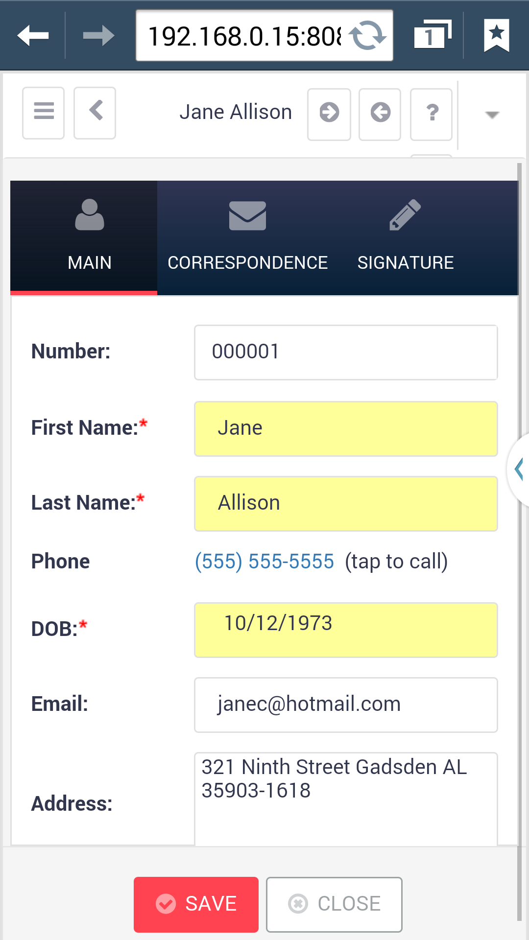 Example of a mobile form