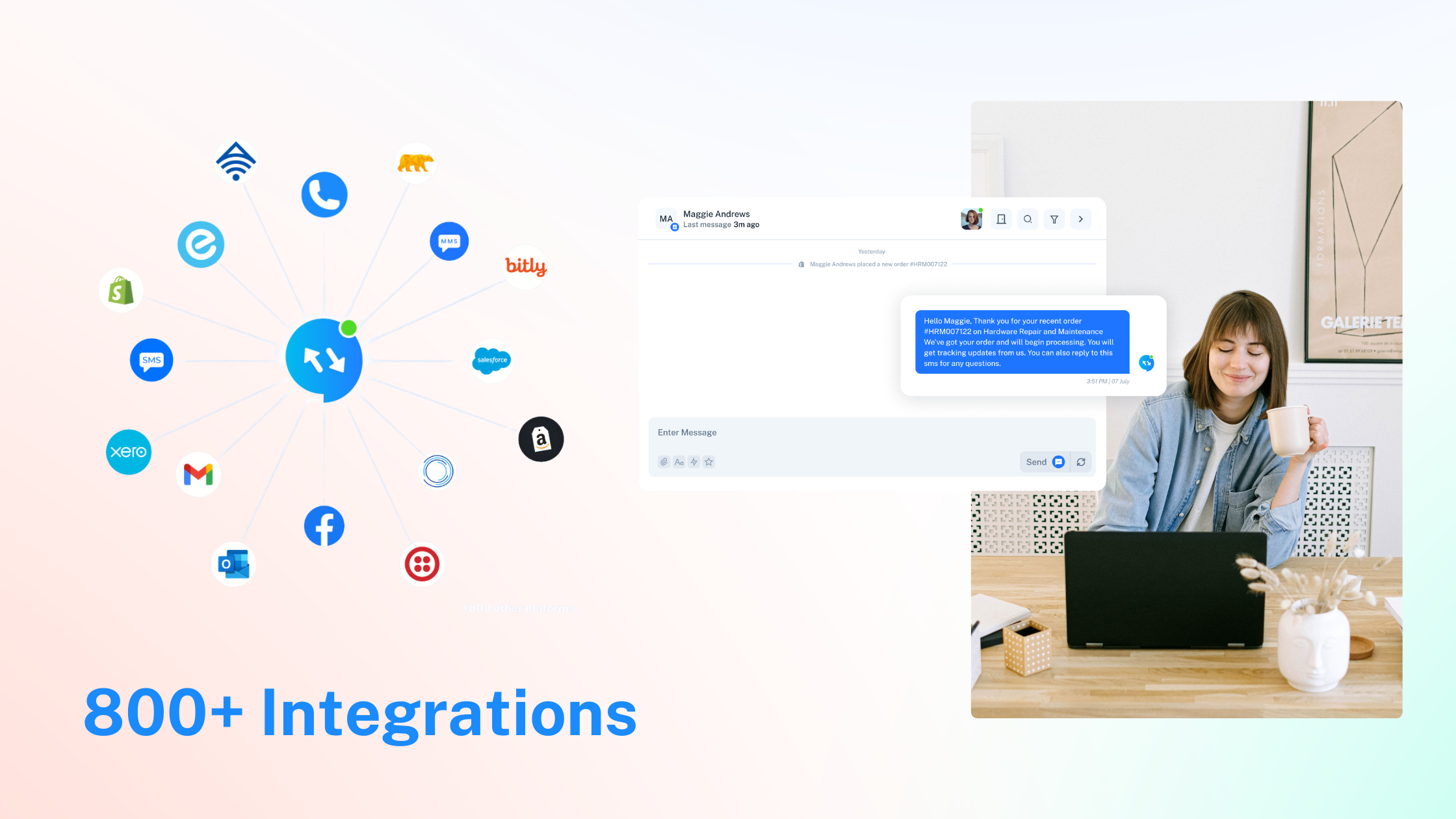 With over 800 integrations and counting, we plan on bringing you all the platforms into one simple chat. 