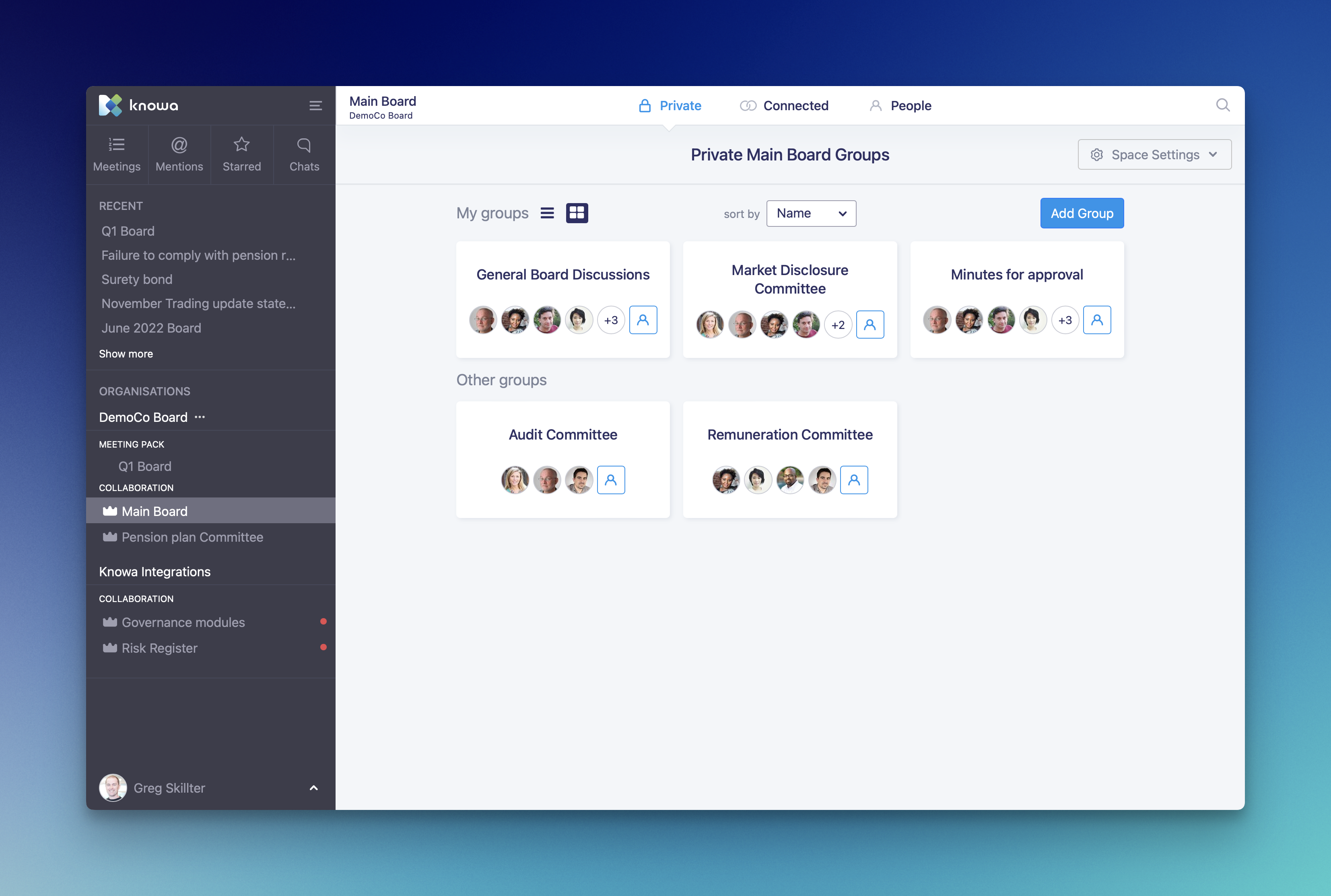 Collaboration Space: Knowa gives control to Admins to tailor their Knowa layout to mirror the board's governance structure, including its sub-committees, working groups and project teams.