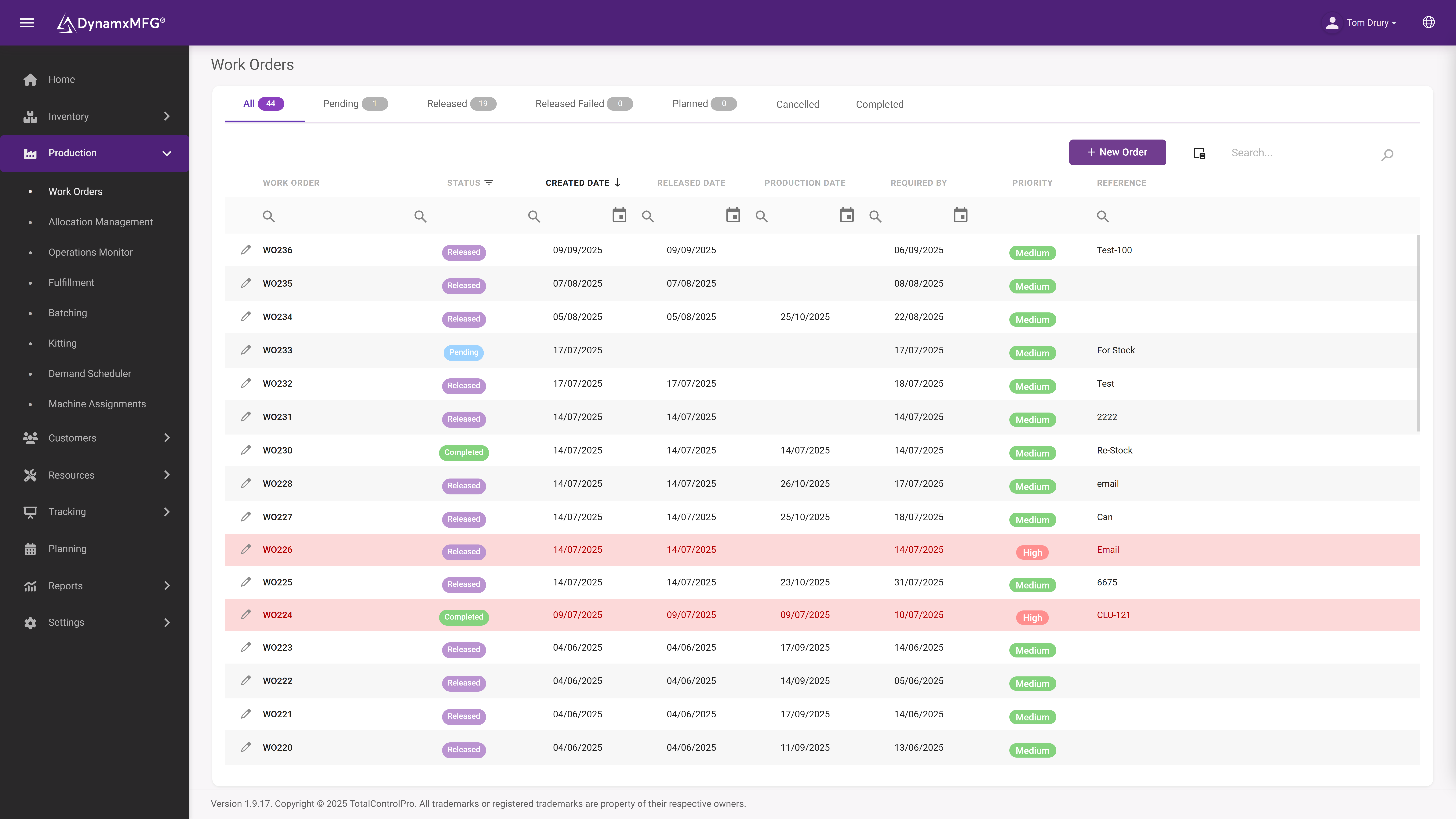 DynamxMFG Software - The Work Orders screen in DynamxMFG provides manufacturers with a centralised hub to create, track, and manage all production orders.