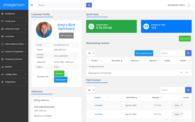 Platform view of customer account details, including invoice status