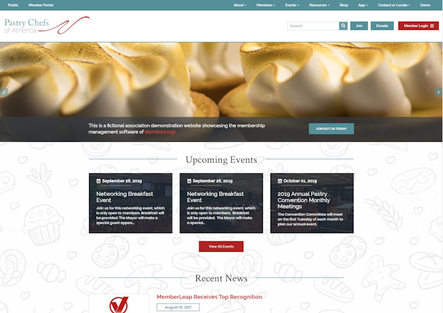 MemberLeap screenshot: The Pastry Chefs of America is our fictional association demonstration website where you can see an actual back-end of our software