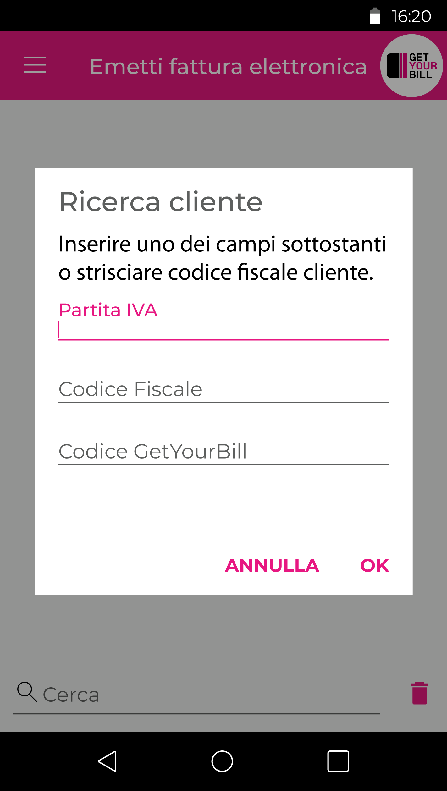 GetYourBill screenshot: GetYourBill recovers in a few seconds all the data necessary for the compilation of an invoice from a certified database, thanks to the simple typing of the customer’s VAT number or his Tax Code if private.