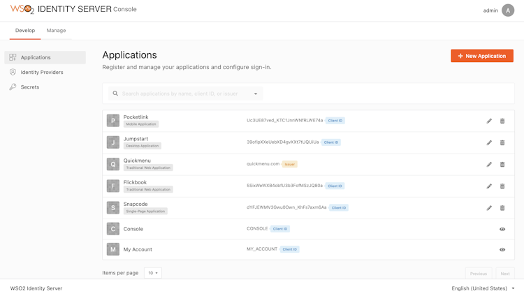 WSO2 Identity Server screenshot: Applications View