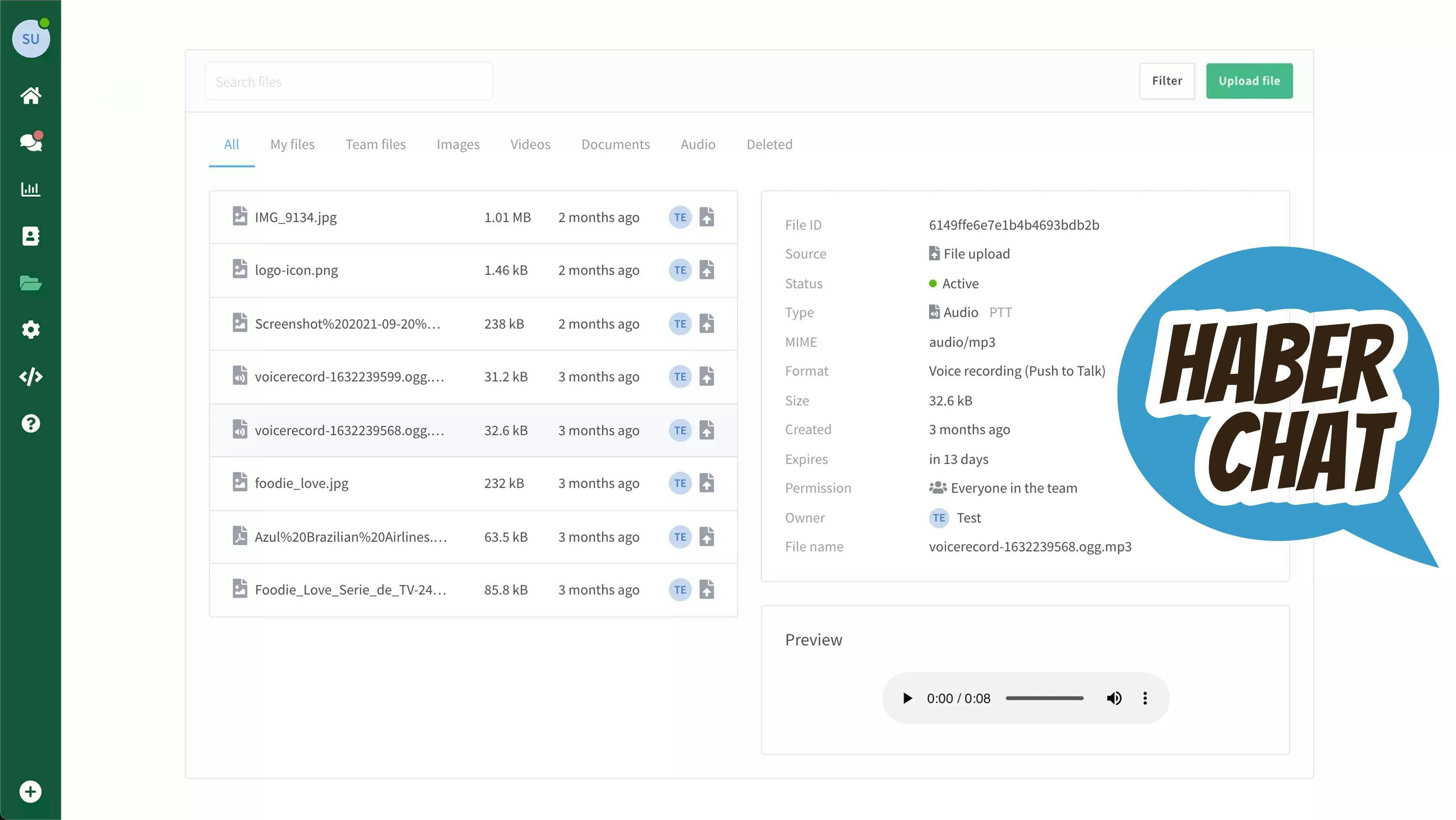 Haber Chat Software - Effortlessly manage and organize your incoming files in Haber Chat. Filter and preview images, videos, audio, and documents. View detailed file info including status, size, creation date, and permissions, all within a streamlined, user-friendly interface
