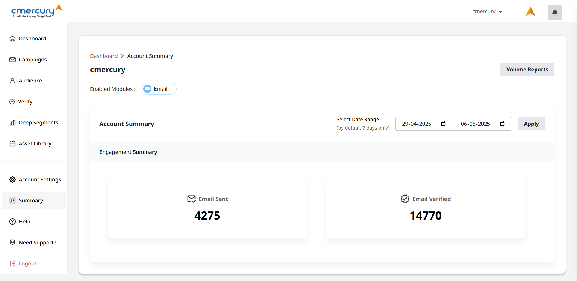 cmercury Software - The Account Summary area in cmercury gives you a quick snapshot of your usage—emails sent and download reports based on the same. Easily track your plan limits, billing details, and key metrics to stay on top of your account activity.
