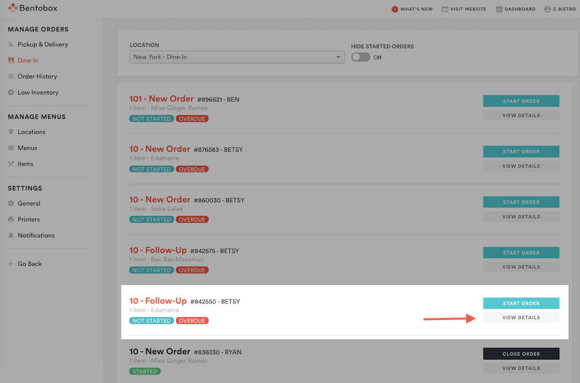 BentoBox Software - BentoBox dine-in orders