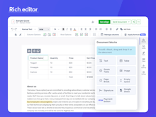 Revv Software - RICH EDITOR - Creating professional-looking documents is easy with the drag & drop editor. Add text, images, tables, page breaks, signature blocks, and more. Personalize further with rich formatting options, customizable cover page themes, & backgrounds.