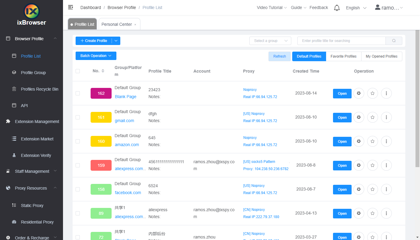 ixBrowser screenshot: ixBrowser Profiles List