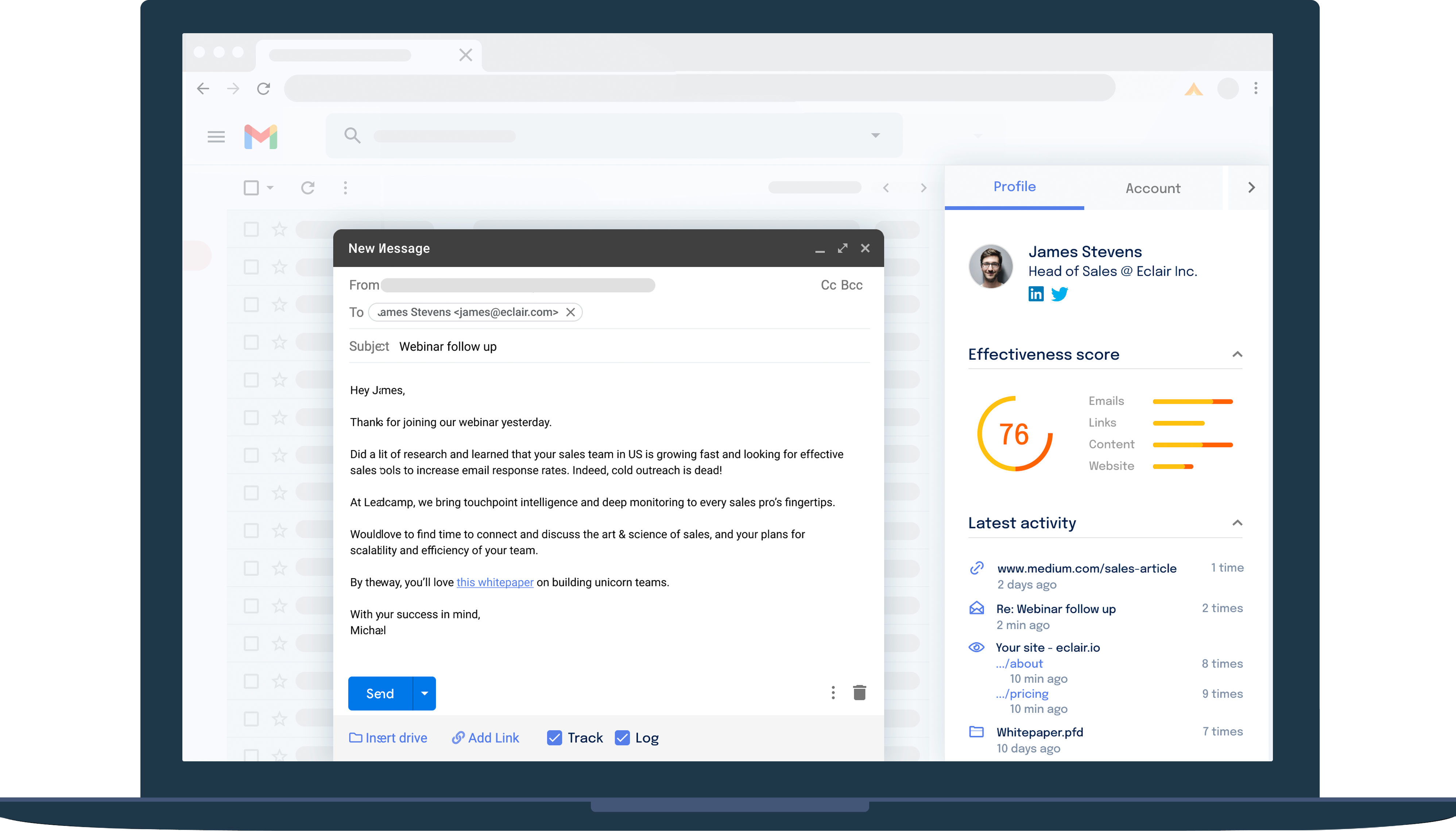 Leadcamp's Lead Engagement Platform captures all sales interaction data - from emails and meetings to website and content distribution - then uses AI to understand and score the engagement. The result? Crushing your quotas, quarter after quarter.-thumb