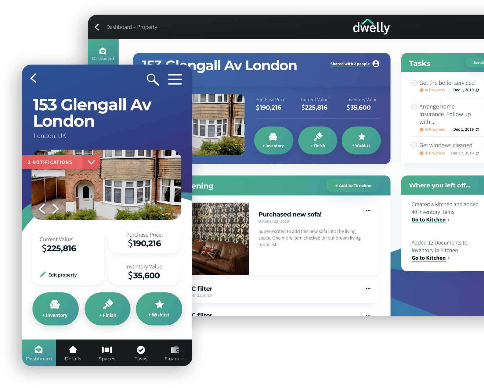 Dwelly screenshot: Dashboard for web and mobile views