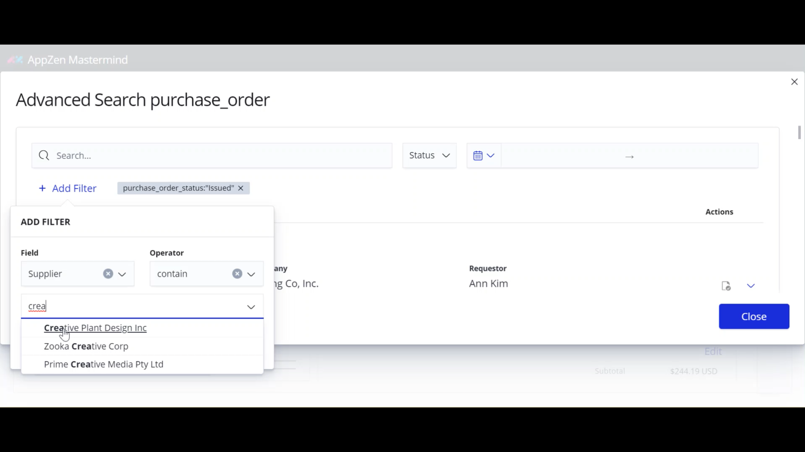 Autonomous AP screenshot: AppZen Autonomous AP - Advanced search for PO
