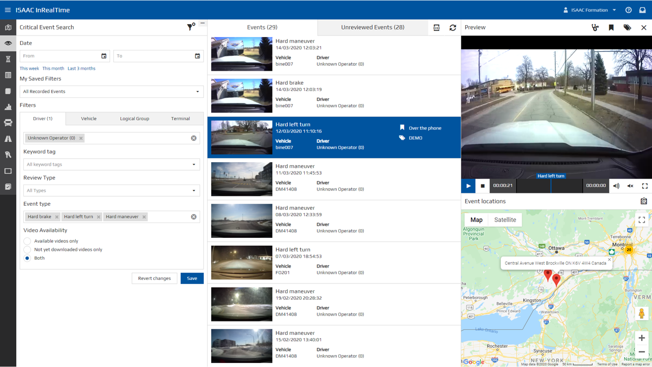 ISAAC Software - ISAAC InRealTime Fleet Management Software: safety officer's dash cam critical event selection view