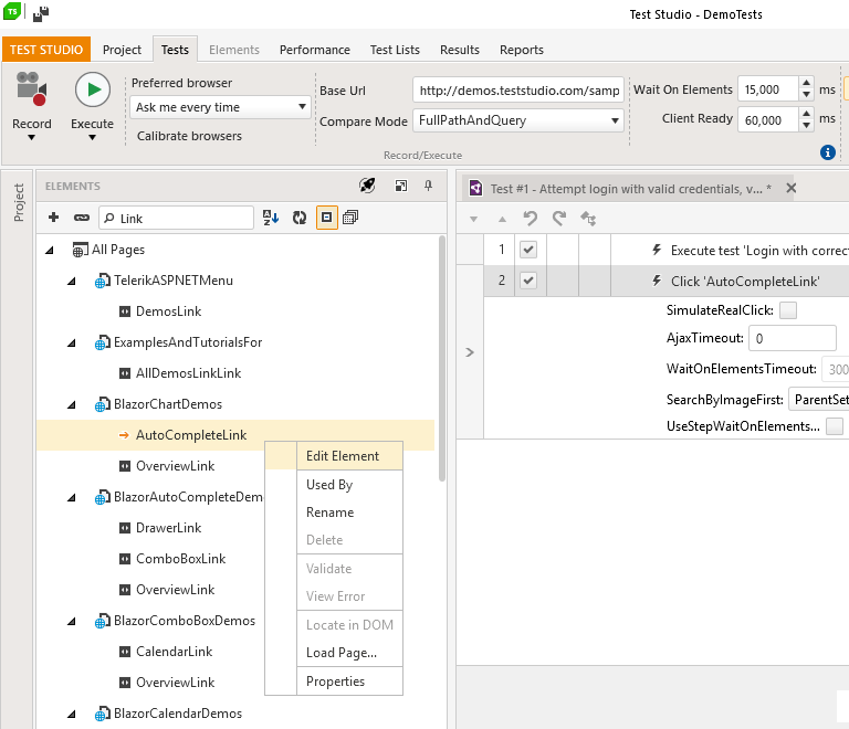 Telerik Test Studio screenshot: Telerik Test Studio edit element
