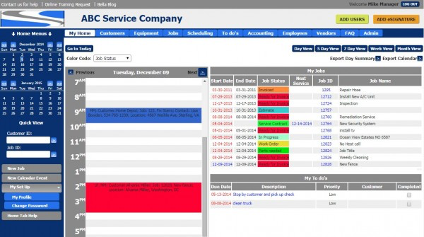 Bella FSM Software - Bella FSM dispatch schedule dashboard view