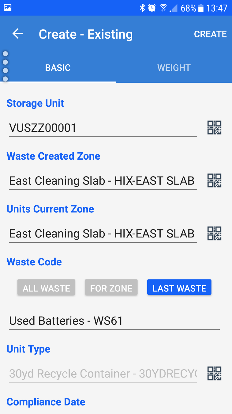 HazMat T&T screenshot: Create Waste Inventory on Mobile App