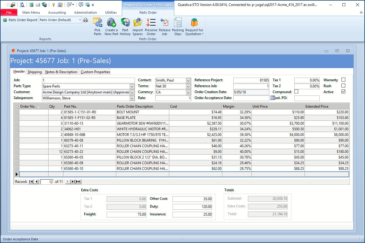 Total ETO Software - Parts order