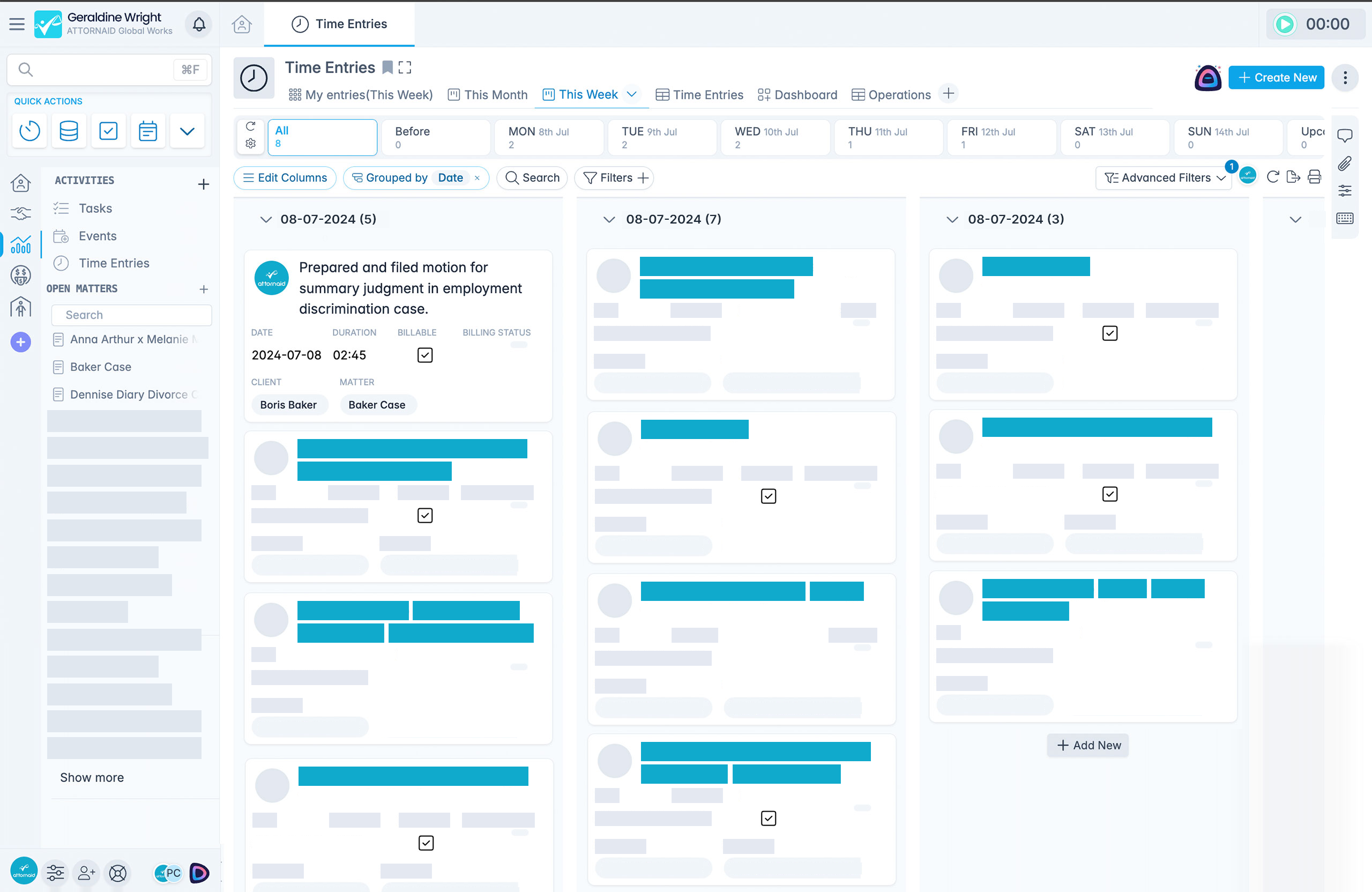 Attornaid screenshot: Manage time entries, events, and tasks, ensuring precise billing, timely scheduling, efficient task organization, and enhanced team collaboration with real-time updates and detailed reports.