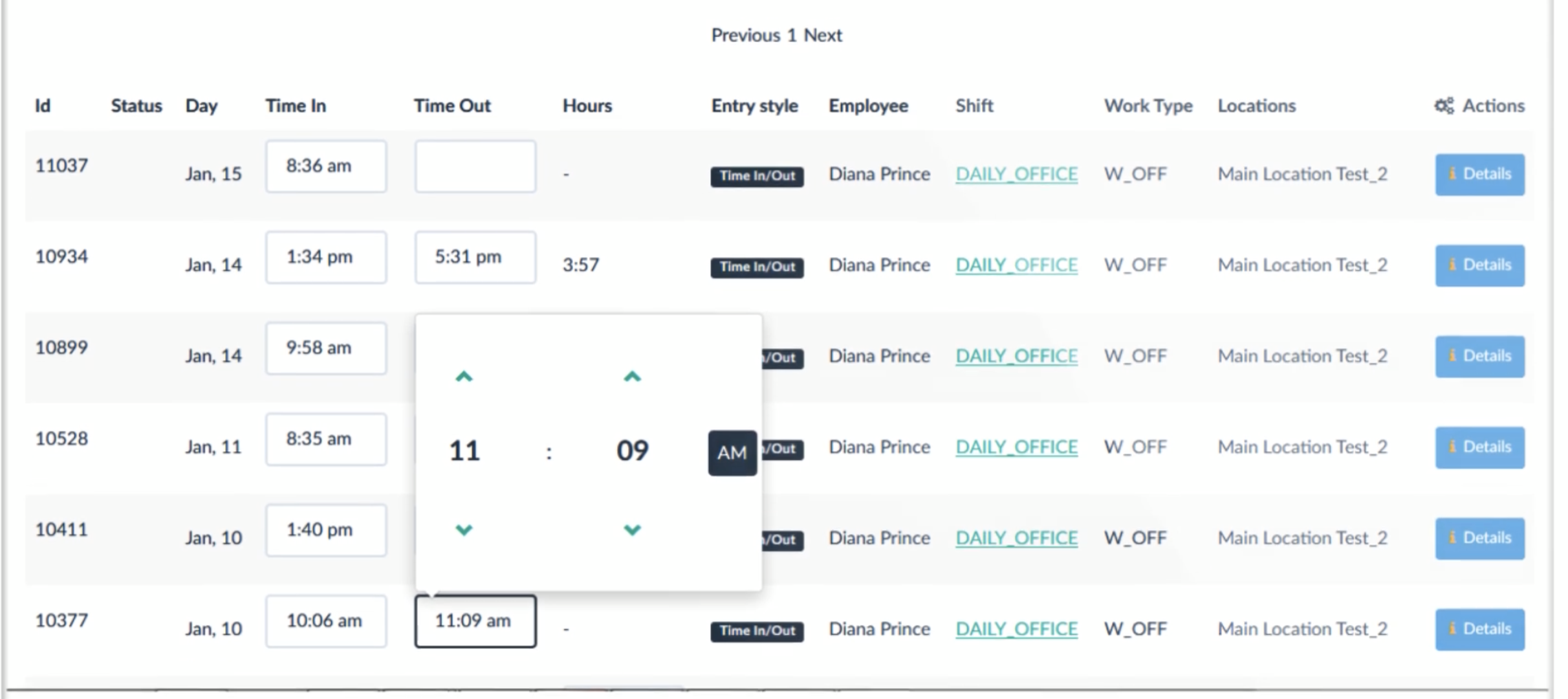 CloudBiometry screenshot: CloudBiometry manage clock in/out timings
