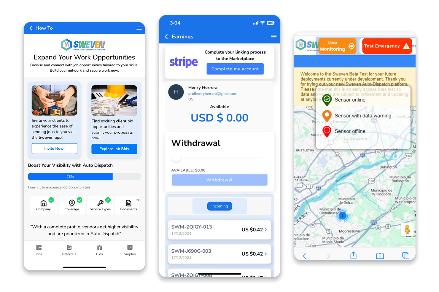Sweven screenshot: How to start, Stripe Digital Payments, Maps