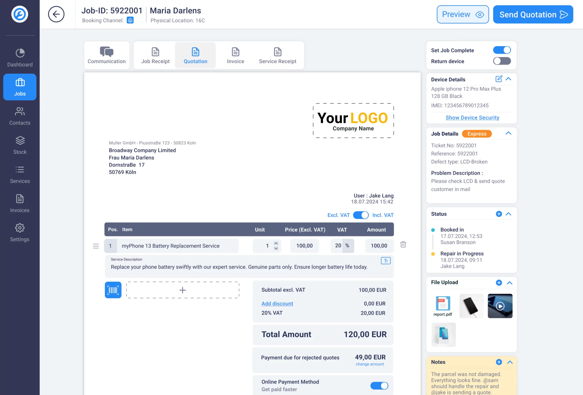 RepairCMS Ultimate Software - Create accurate and professional quotes that are perfectly optimized for your repair business and workflow. Experience automated quotation acceptance or denial progress and receive payment faster with online payments.