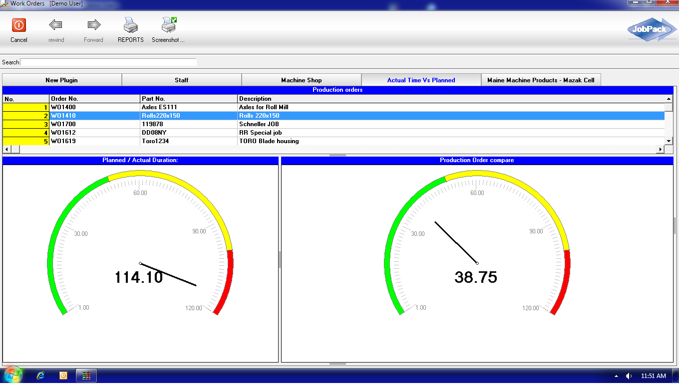 JobPack screenshot: JobPack instant actual vs. estimated times