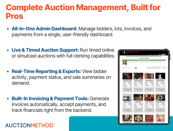 AuctionMethod Software - From invoicing to bidder lists, manage your entire auction from one dashboard. AuctionMethod gives pros the tools they need to run live, timed, or simulcast events—plus real-time reporting, invoicing, and built-in syncing across teams.