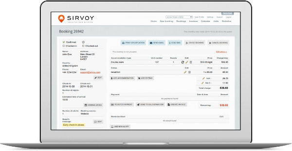 The booking detail page in Sirvoy Booking System