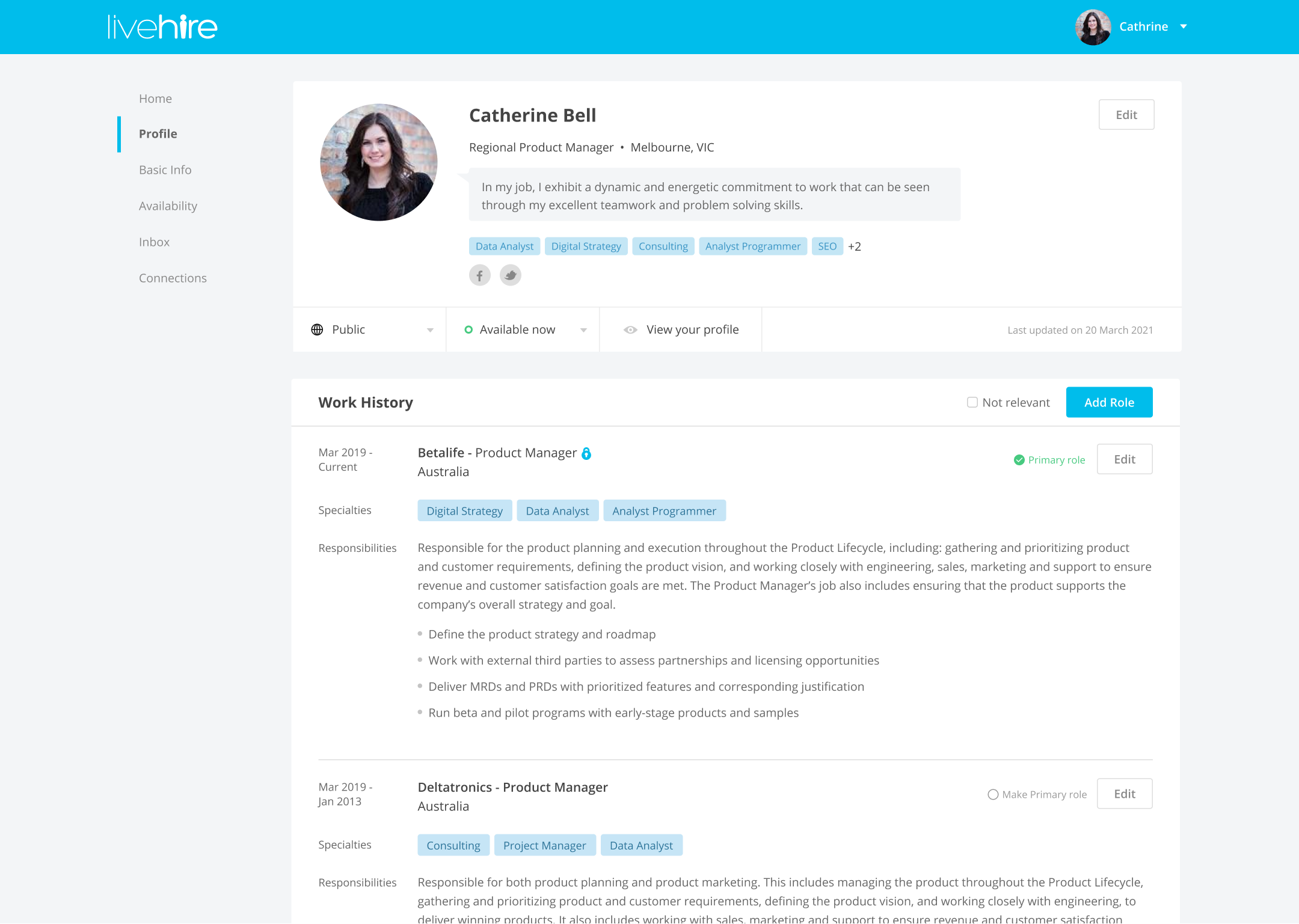 LiveHire Software - Candidate-owned profiles