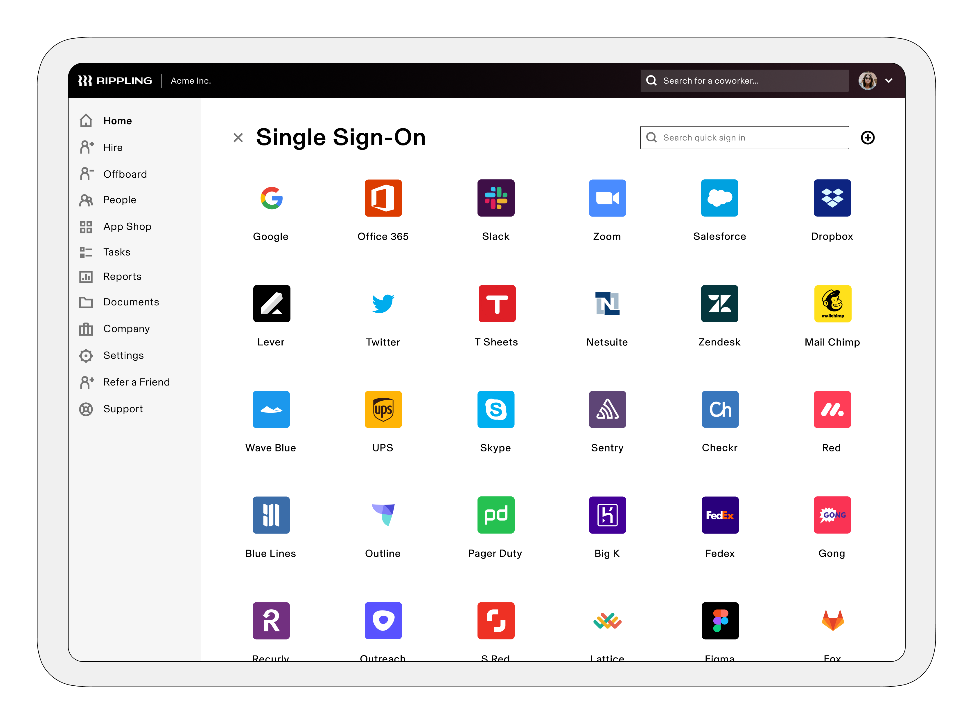 Rippling Software - Single Sign-On allows your employees to access all of their SaaS apps in 1-click, right from their Rippling dashboard.