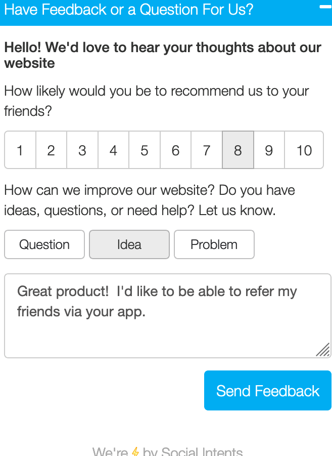 Social Intents feedback pop-up