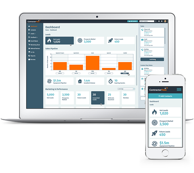 ContractorHalo screenshot: CRM that automates perfectly timed email, print, and post-install neighborhood marketing to drive repeat business, boost referrals, and generate new leads through personalized, data-driven campaigns.
