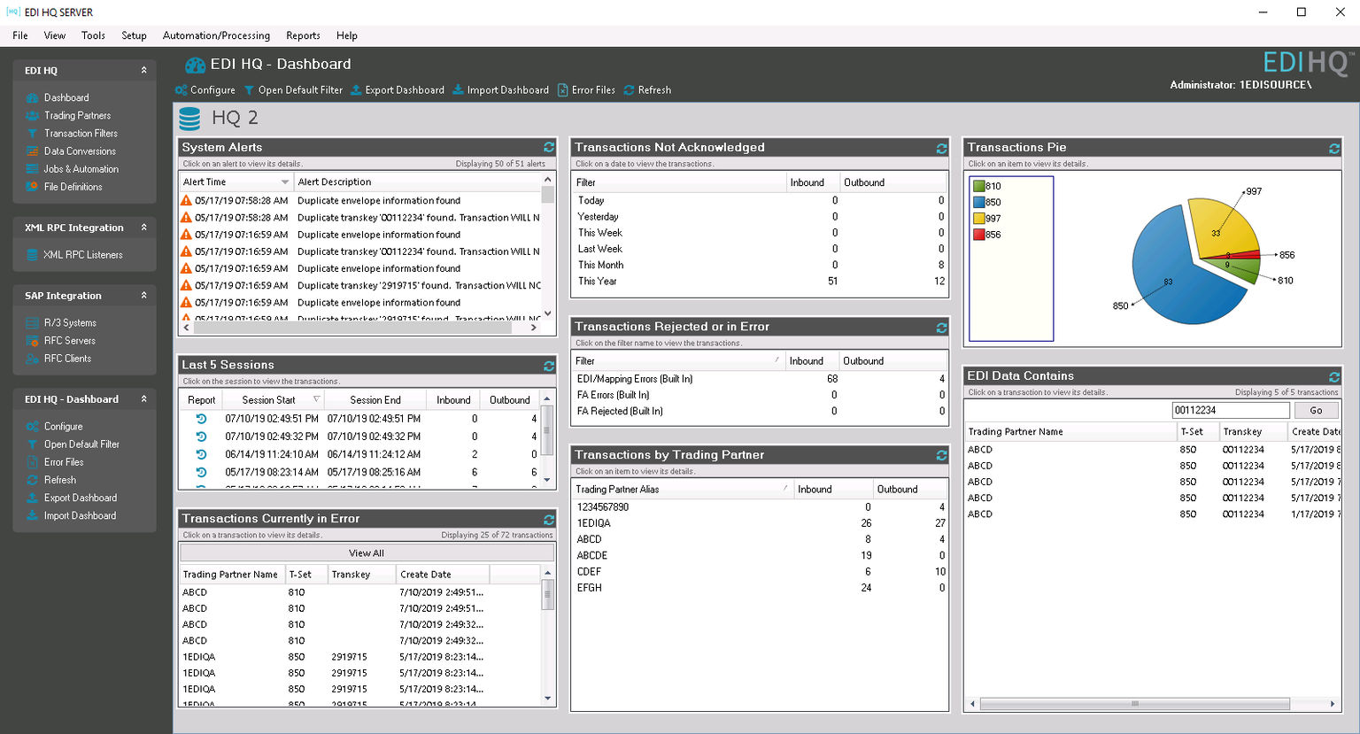 1 EDI Source Software - B2B Integration and mapping platform, EDI HQ dashboard