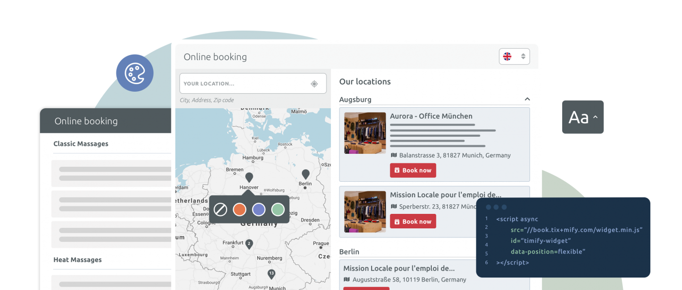 Online Booking for your virtual or in-person services. Easily integrate the TIMIFY booking widget to your website and online communication channels, customise it to fit your brand and adapt it to your booking workflow requirements using simple parameters.