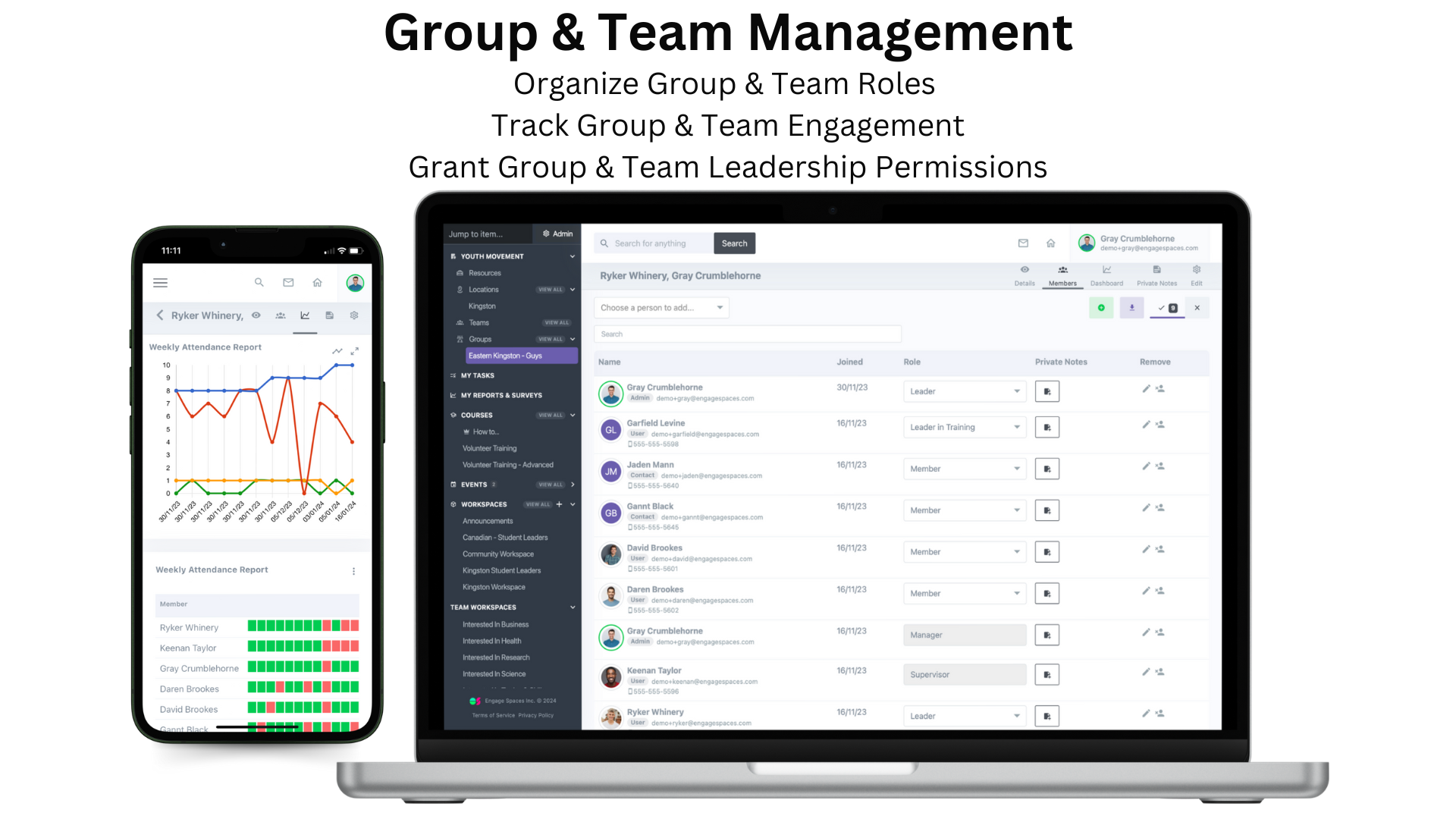 Allow each Team Leader to oversee their Team Members. Track their engagement and attendance, take private notes, and allow team leaders to automate their members' enrolment into Courses, Events, and Workspaces.