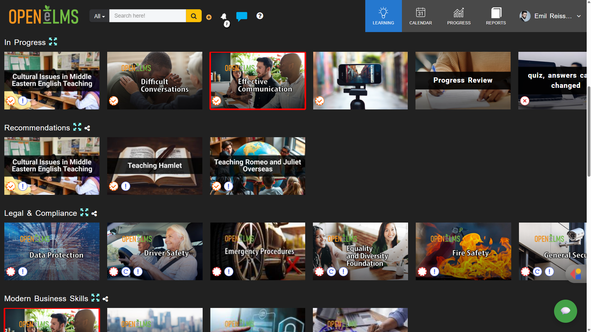 Open eLMS screenshot: the LMS user interface is intuitive and user-friendly, featuring customisable dashboards for different roles. It offers a video-on-demand style for learners and role-specific prompts for administrators.