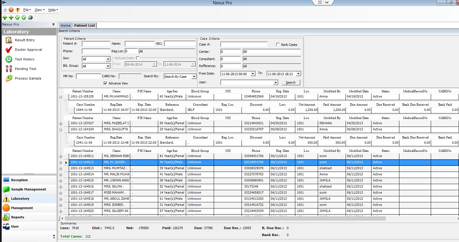 NEXUS Pro Software - Patient List and Patient Search parameters