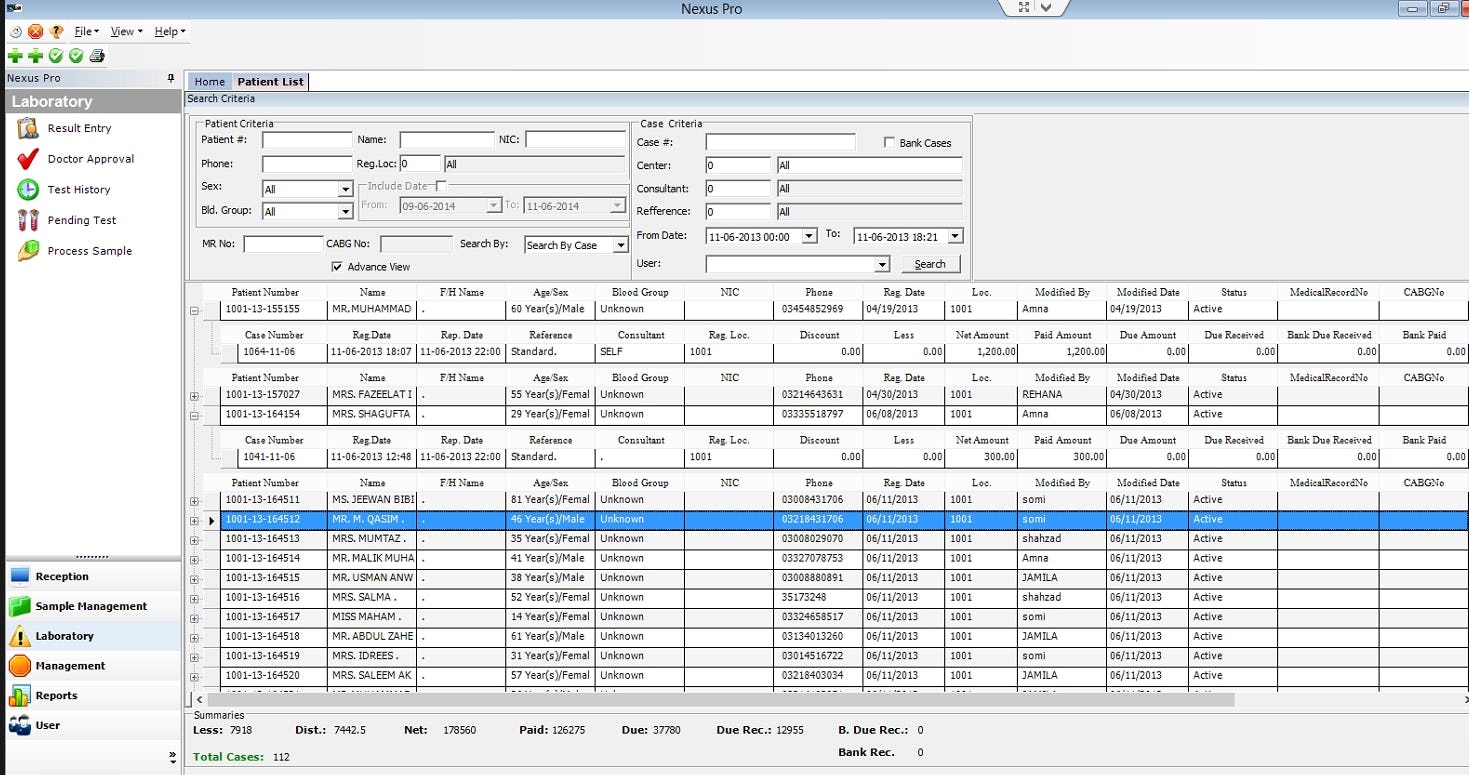 NEXUS Pro Software - Patient List and Patient Search parameters