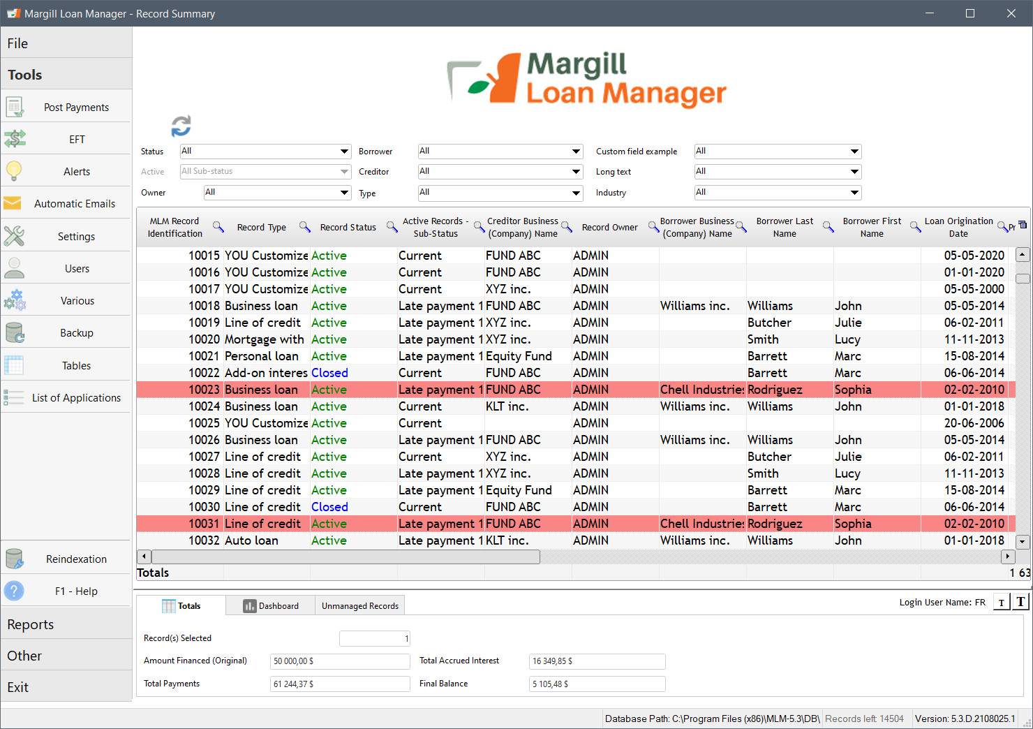 Margill Loan Manager screenshot: Margill Loan Manager Main Window - List of all loans: Search, Sort, Filter, Display important data, Balances at current date. A great Dashboard for a portfolio overview
