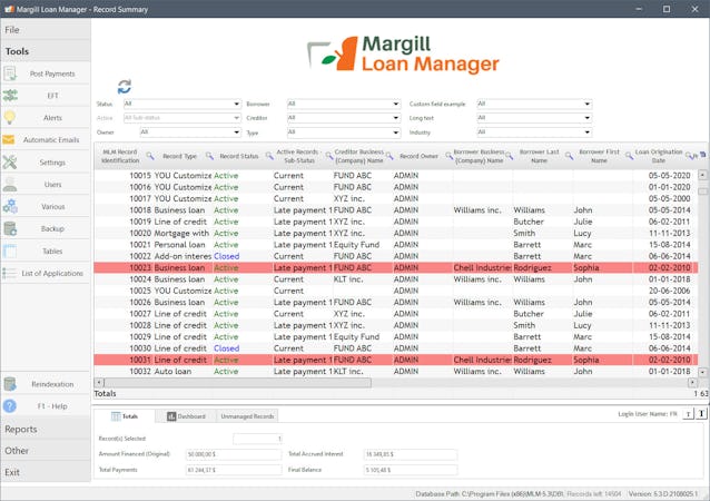 Margill Loan Manager screenshot: Margill Loan Manager Main Window - List of all loans: Search, Sort, Filter, Display important data, Balances at current date. A great Dashboard for a portfolio overview
