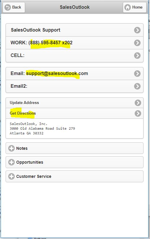 Call, email or get directions from a contact record. Create new notes, appointments, tasks etc.