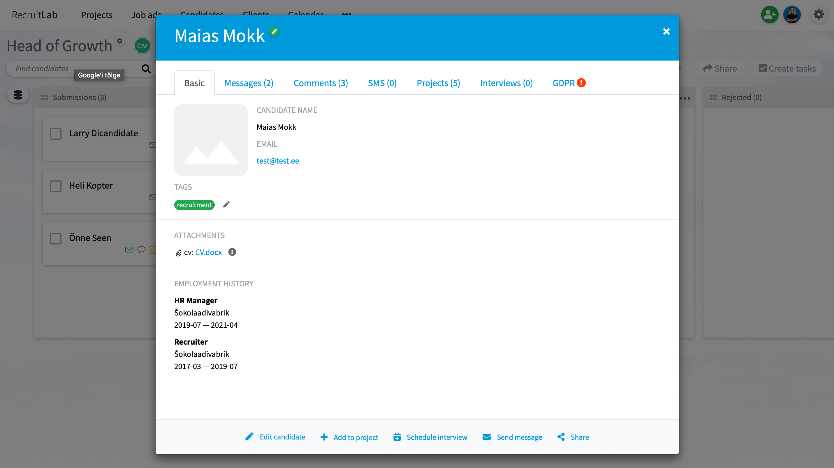 Candidate card. Great overview of all the messages or projects or interviews your candidate has been involved previously. Information about GDPR consent. Schedule an interview or send a messages with  just one click.-thumb