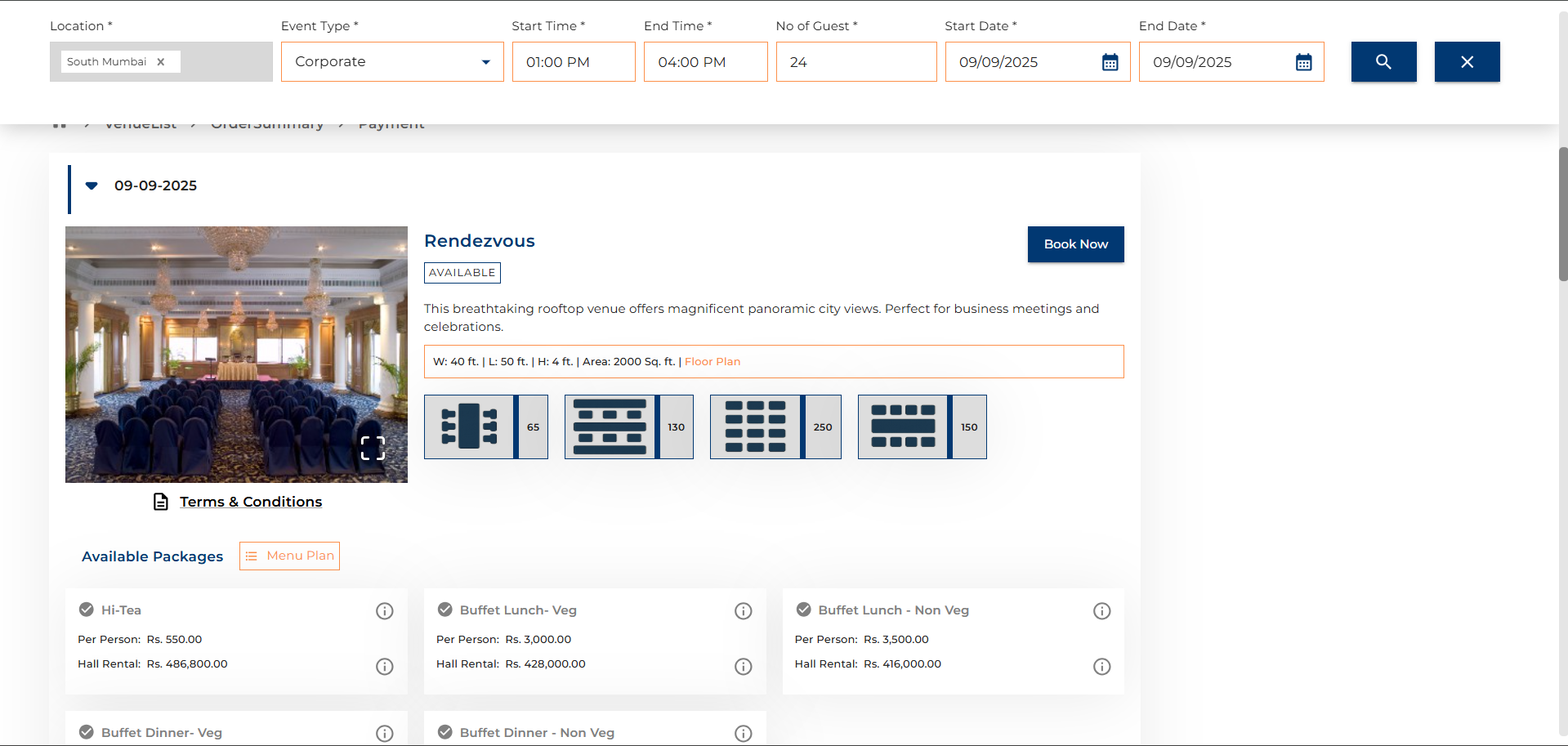 bookbanquetroom.com screenshot: bookbanquetroom.com front-end booking portal