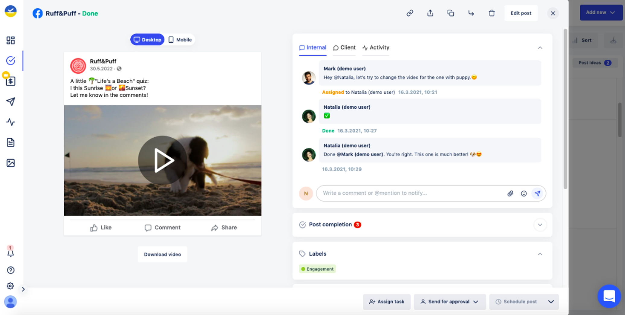 Kontentino Software - See exactly how your posts gonna look like when live on a specific social media platform. Comment & collaborate with your team or client in separated sections right next to the post preview. Notify other users, send the post for approval or assign a task.