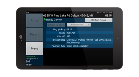 Ecolane Mobile Data Terminal (MDT) current trip view