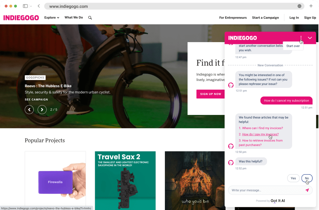 Got It AI screenshot: Indegogo (Current Customer)